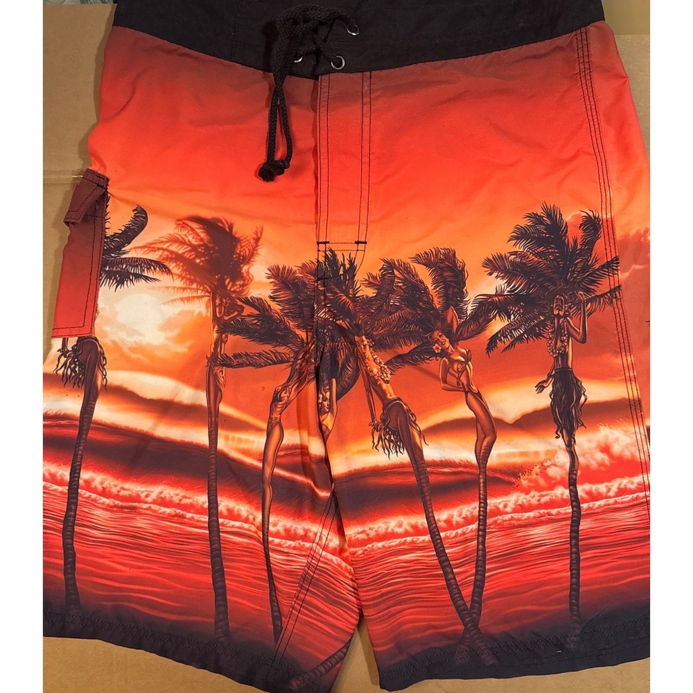 Rietveld Board Shorts Sunset Bikini Palm Tree Surf Art Cargo Pocket Men's 32